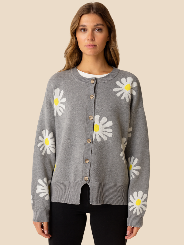 Cardigan Femminile con Motivo di Margherite-Women's Cardigan-Marcavelli-Grigio-S-Marcavelli