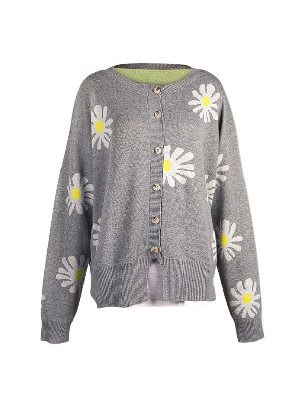 Cardigan Femminile con Motivo di Margherite-Women's Cardigan-Marcavelli-Marcavelli